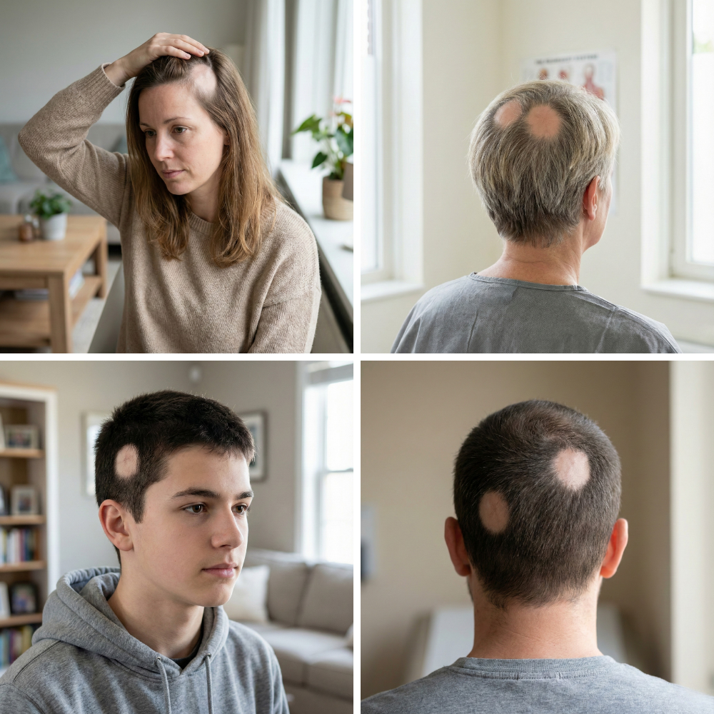 Ejemplos de pérdida de cabello localizada o en parches en hombres y mujeres