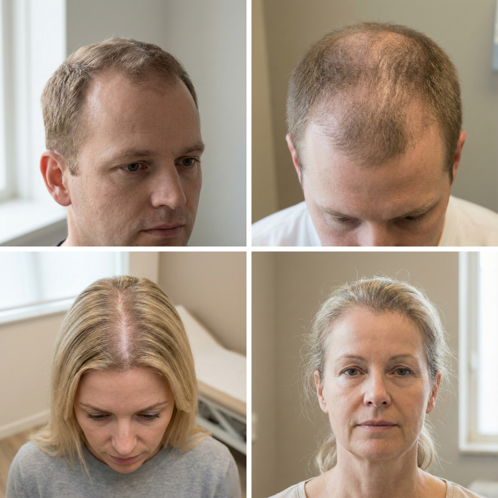 Ejemplos de adelgazamiento gradual o hereditario del cabello en hombres y mujeres.