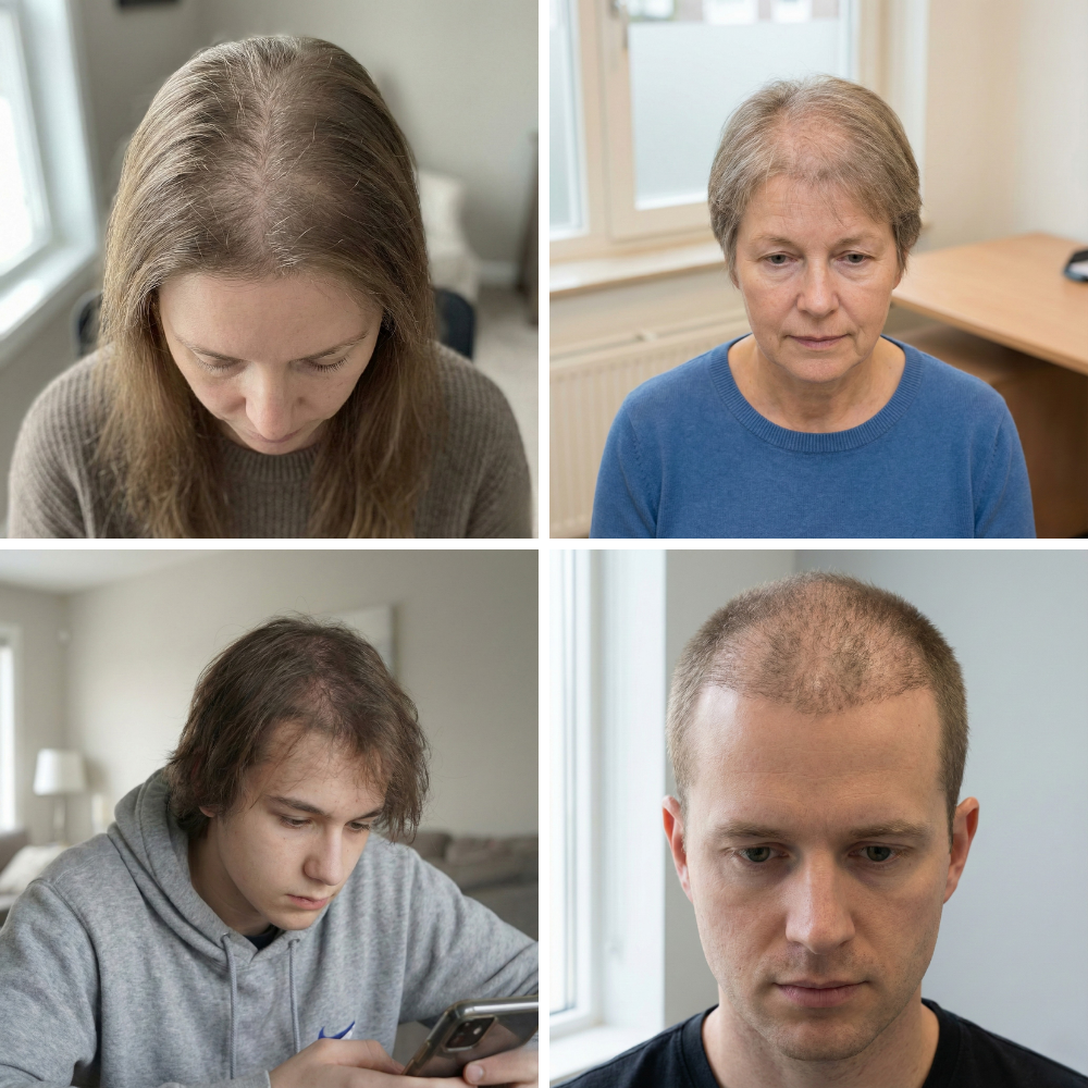 Ejemplos de pérdida de cabello progresiva o difusa en hombres y mujeres