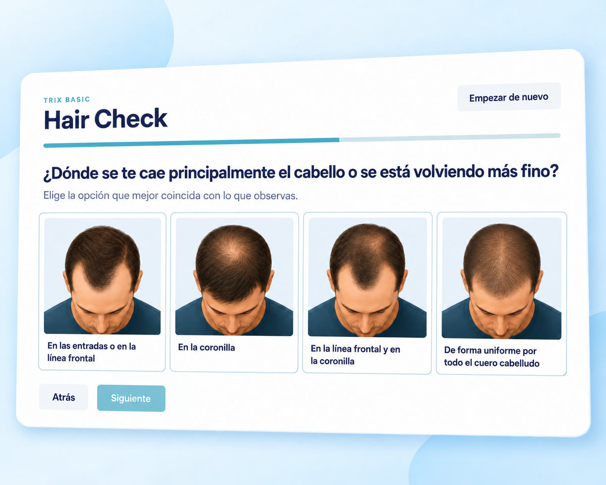 Hair Check de TRIX Basic con opciones visuales para distintos patrones de caída del cabello en hombres.
