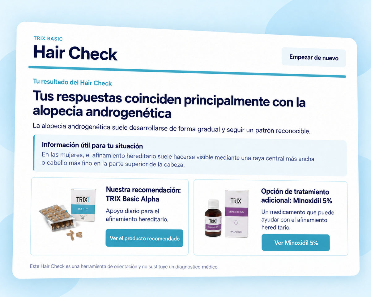 Resultado del Hair Check de TRIX Basic para la alopecia androgenética con información personalizada y opciones de productos.