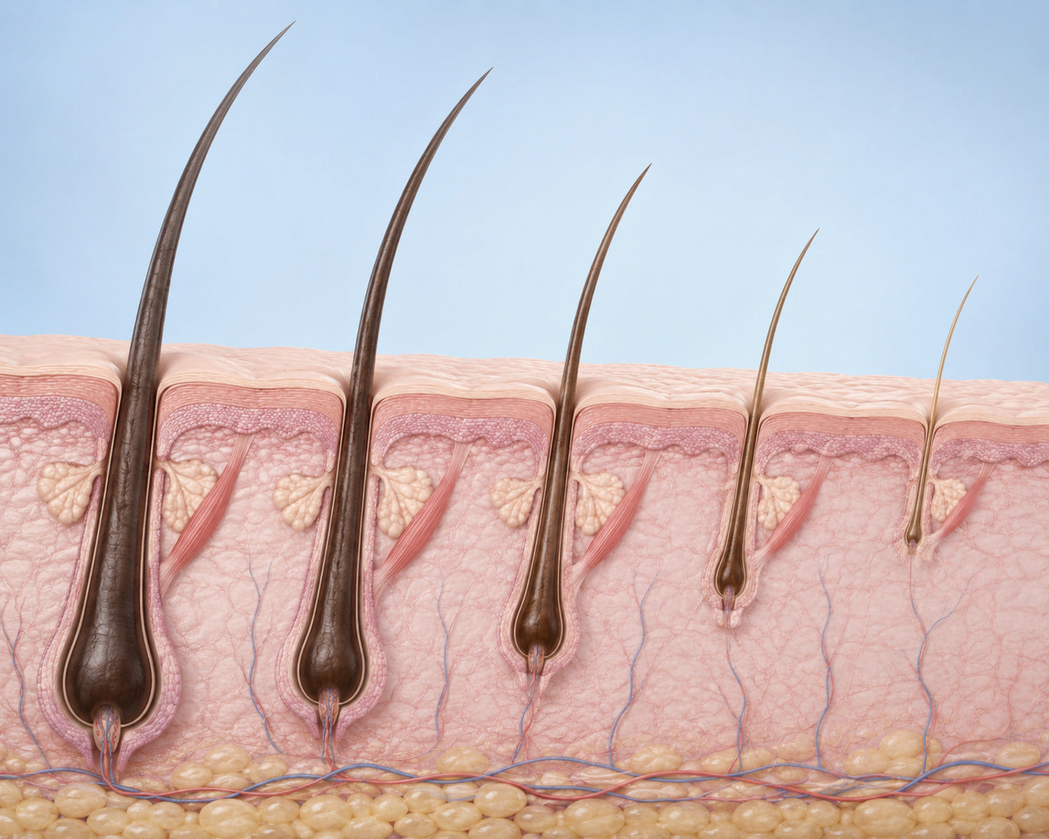 Etapas sucesivas de miniaturización folicular debida a la sensibilidad a la DHT