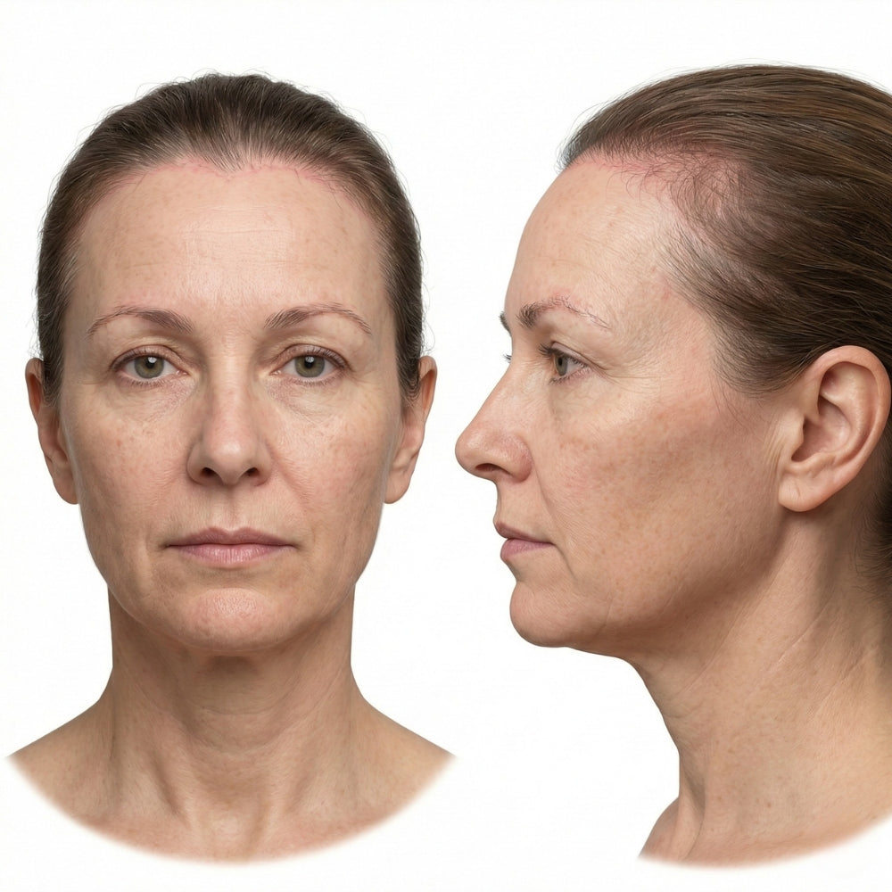 Ilustración clínica de alopecia frontal fibrosante (AFF) con retroceso de la línea del cabello y leve adelgazamiento de las cejas.