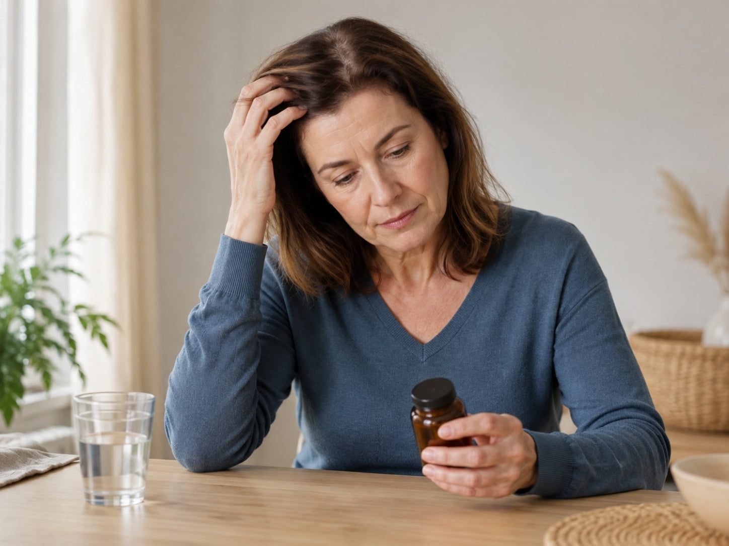 Vrouw met haaruitval die mogelijk samenhangt met medicijnen.