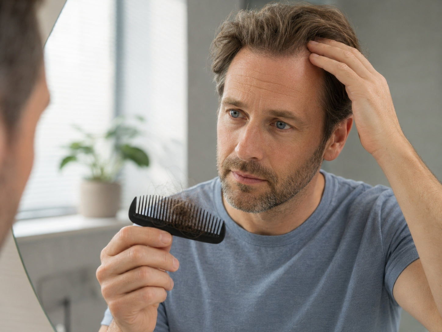 Man bekijkt tijdelijke haaruitval tijdens minoxidil shedding.