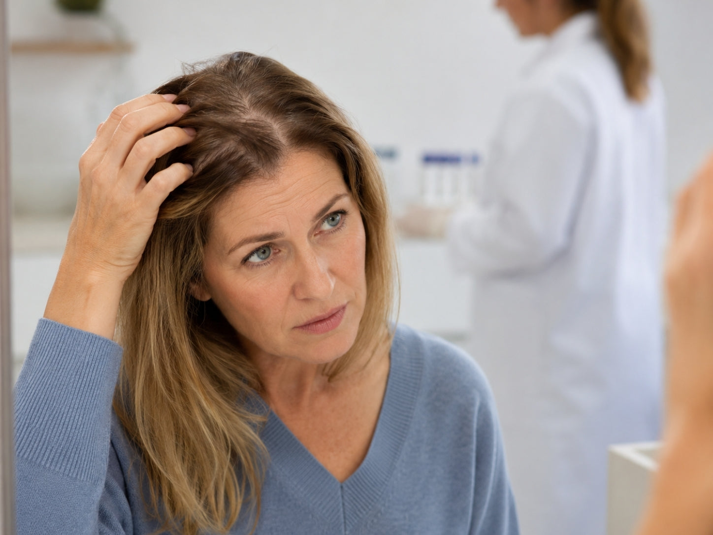 Vrouw controleert haar bij haaruitval door schildklierproblemen.