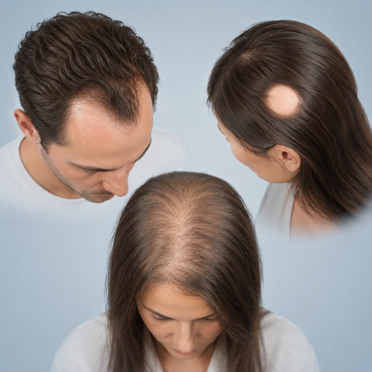 Diferentes patrones de pérdida de cabello, incluyendo una línea de cabello retraída. Calvicie y adelgazamiento difuso del cabello