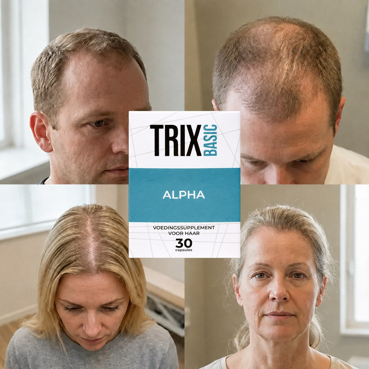 TRIX Basic Alpha para patrones de caída del cabello compatibles con alopecia androgénica en hombres y mujeres.