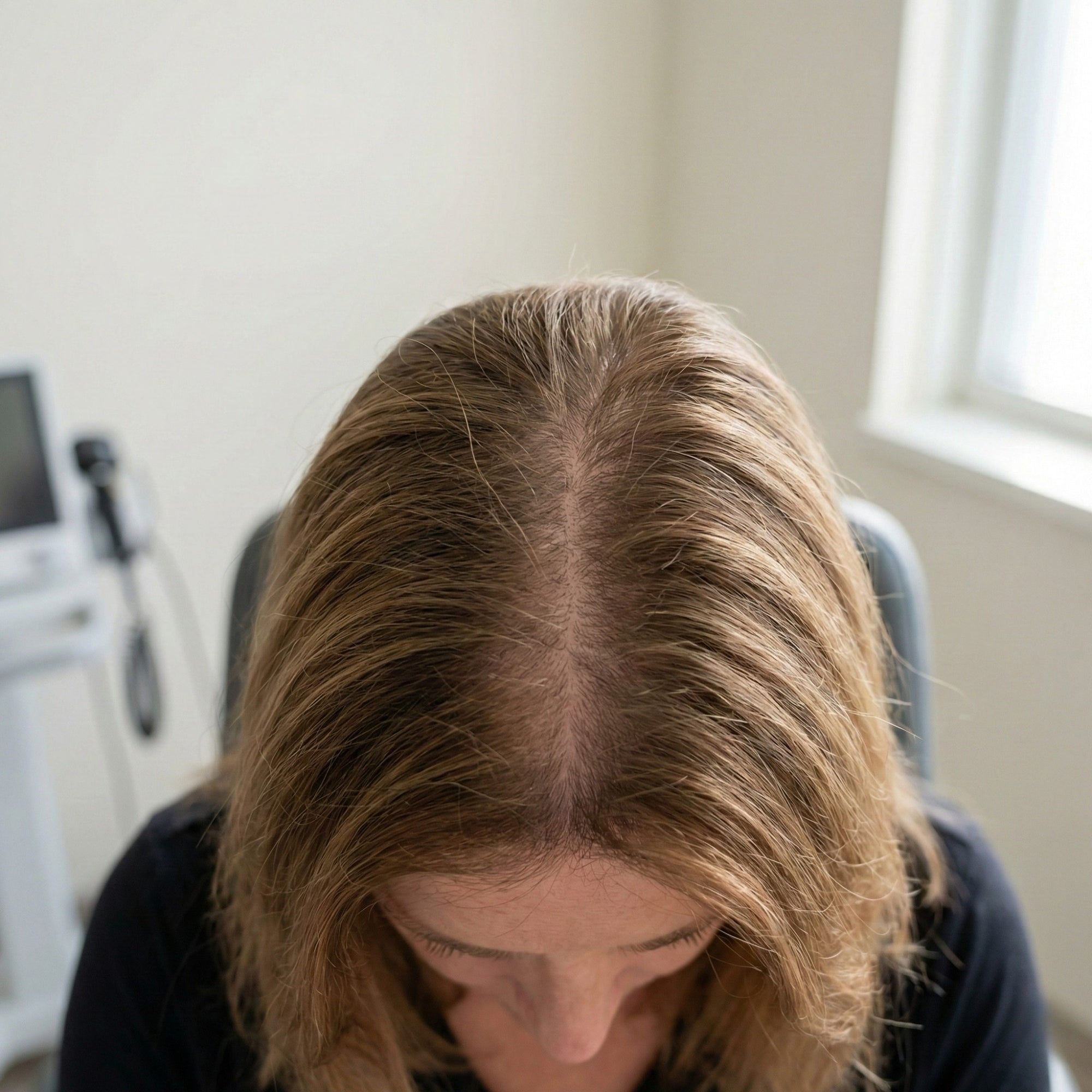 Mujer examinando el adelgazamiento gradual del cabello en la raya