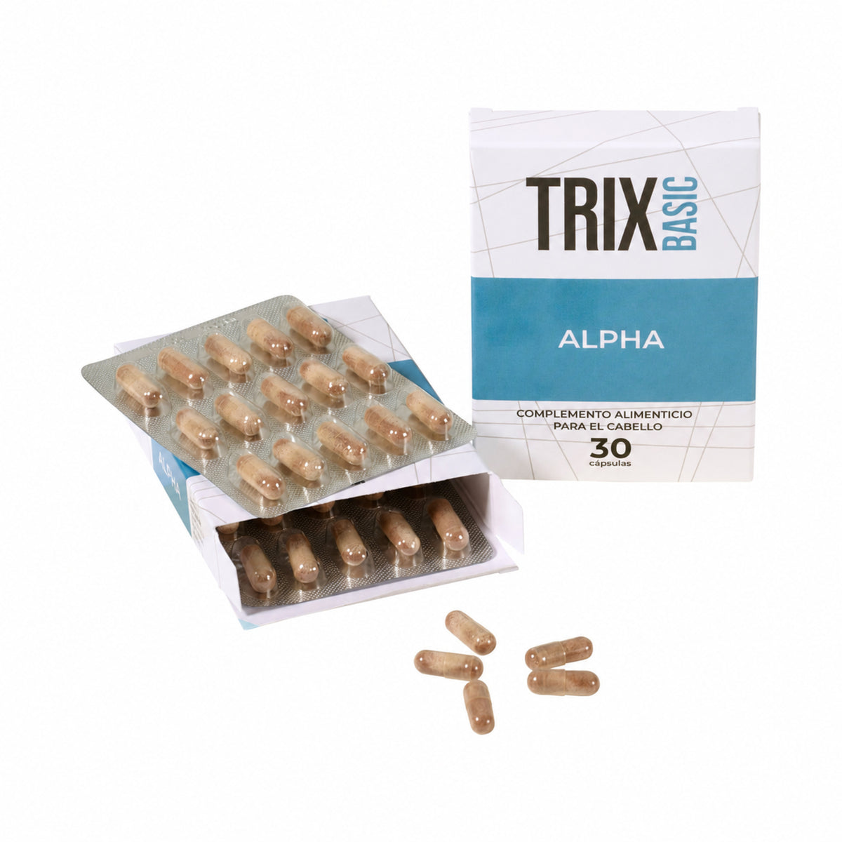 Envase de TRIX Basic Alpha con blísteres y cápsulas sueltas.
