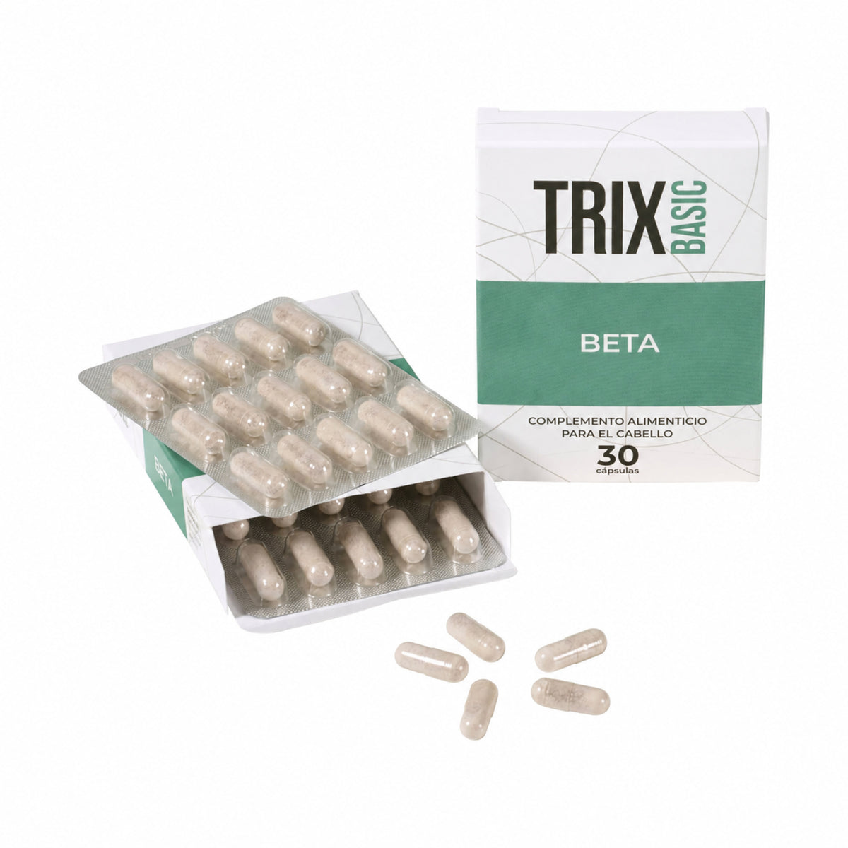 Complemento alimenticio TRIX Basic Beta – envase de 30 cápsulas con blísteres y cápsulas sueltas.
