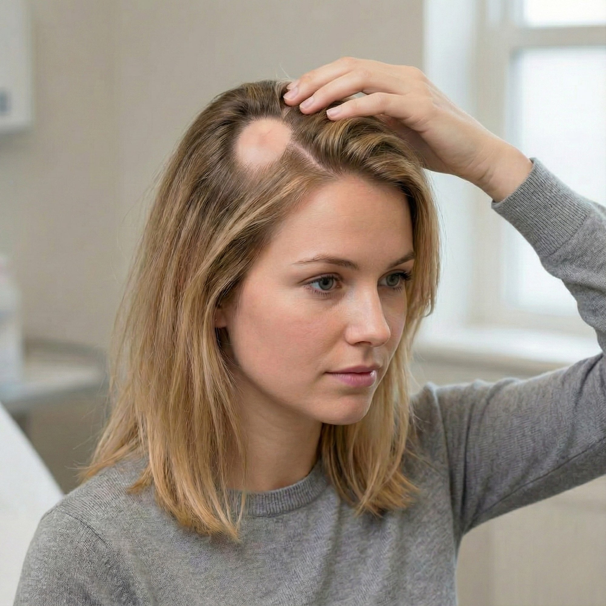 Mujer con alopecia localizada en el cuero cabelludo