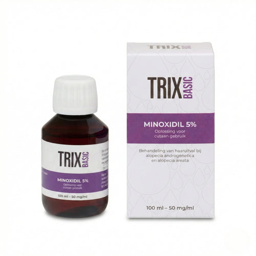 TRIX Basic Minoxidil 5 % loción con aceite de romero, frasco y envase.