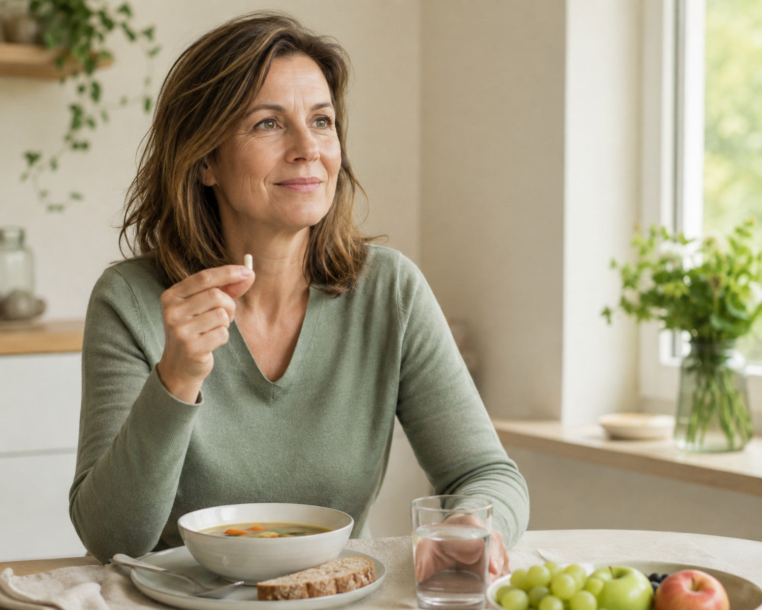 Una mujer combina el apoyo nutricional diario con una comida completa para la recuperación.