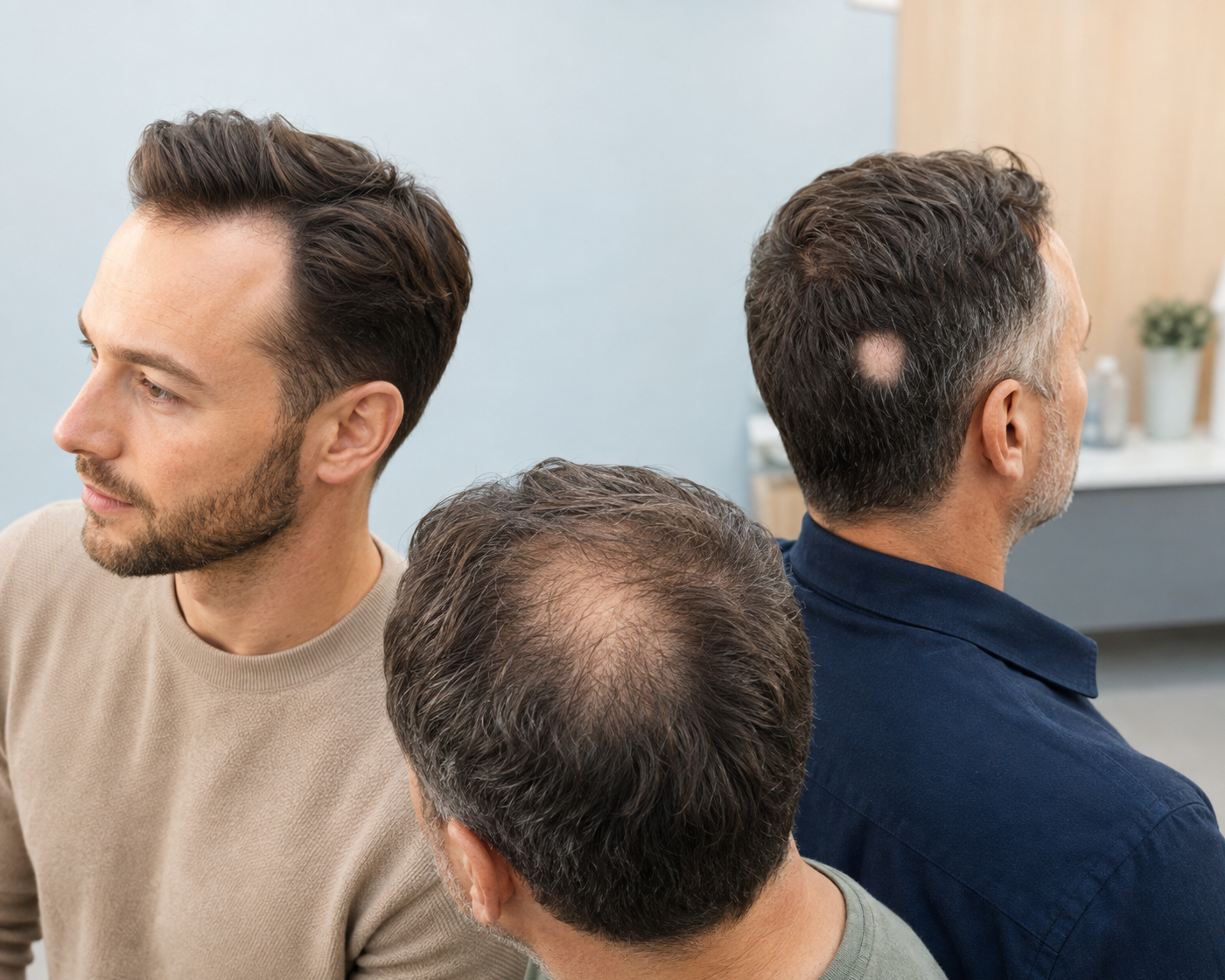 Tres hombres muestran diferentes patrones de pérdida de cabello: entradas, adelgazamiento en la coronilla y una calva localizada.
