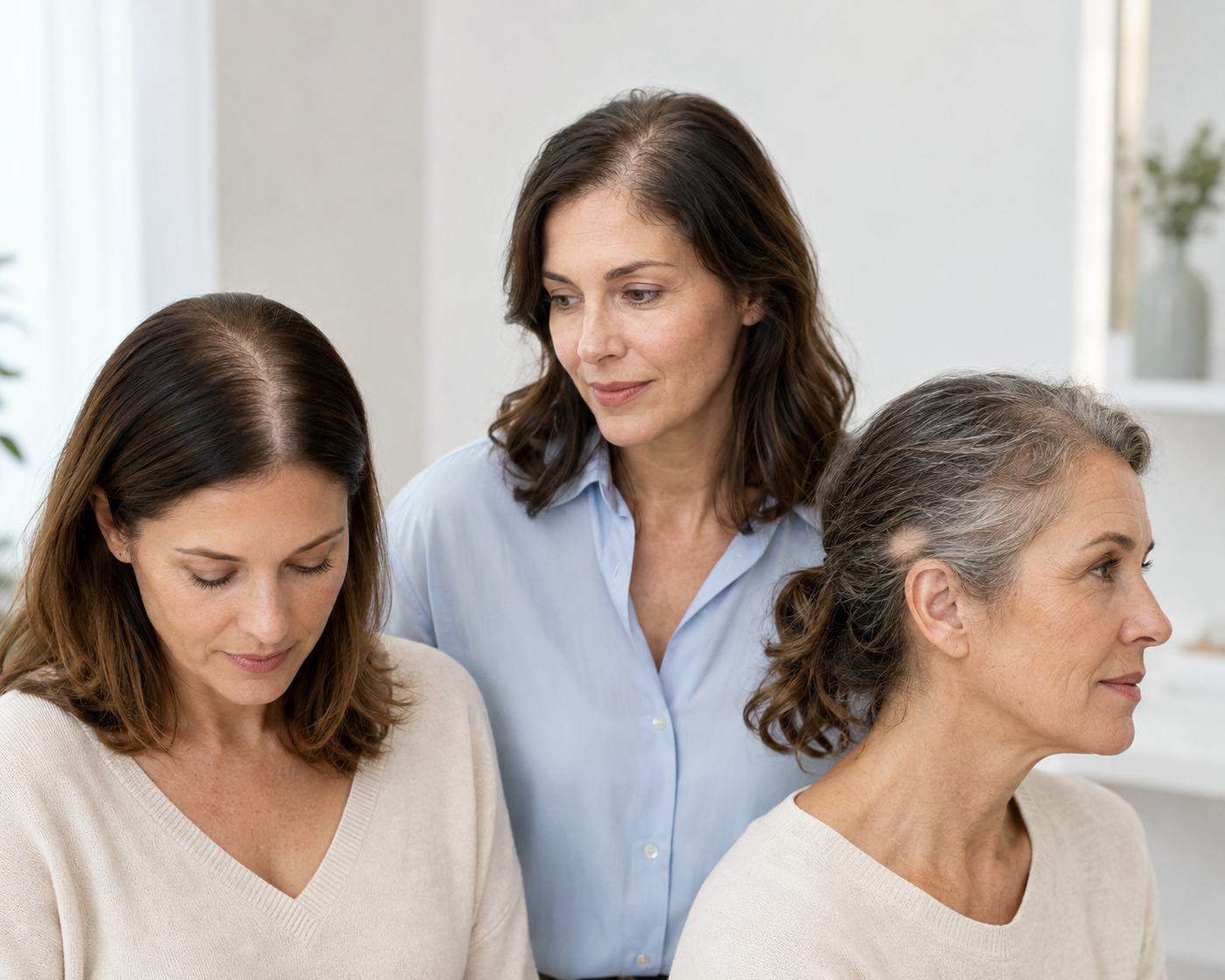 Tres mujeres muestran diferentes patrones de pérdida de cabello: una raya central más ancha, pérdida de cabello difusa y una calva localizada.