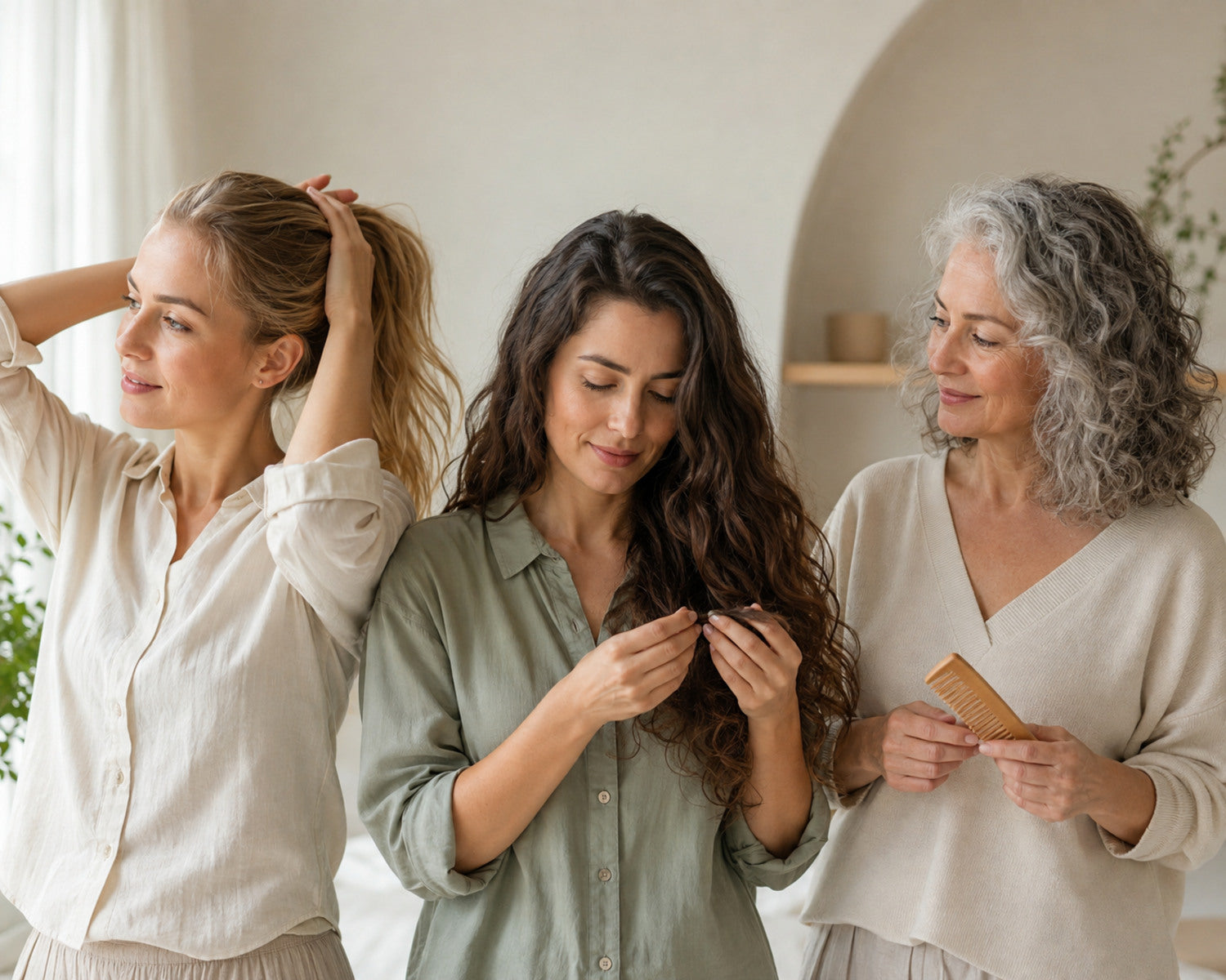 Mujeres de diferentes edades y tipos de cabello cuidan tu cabello a su manera.