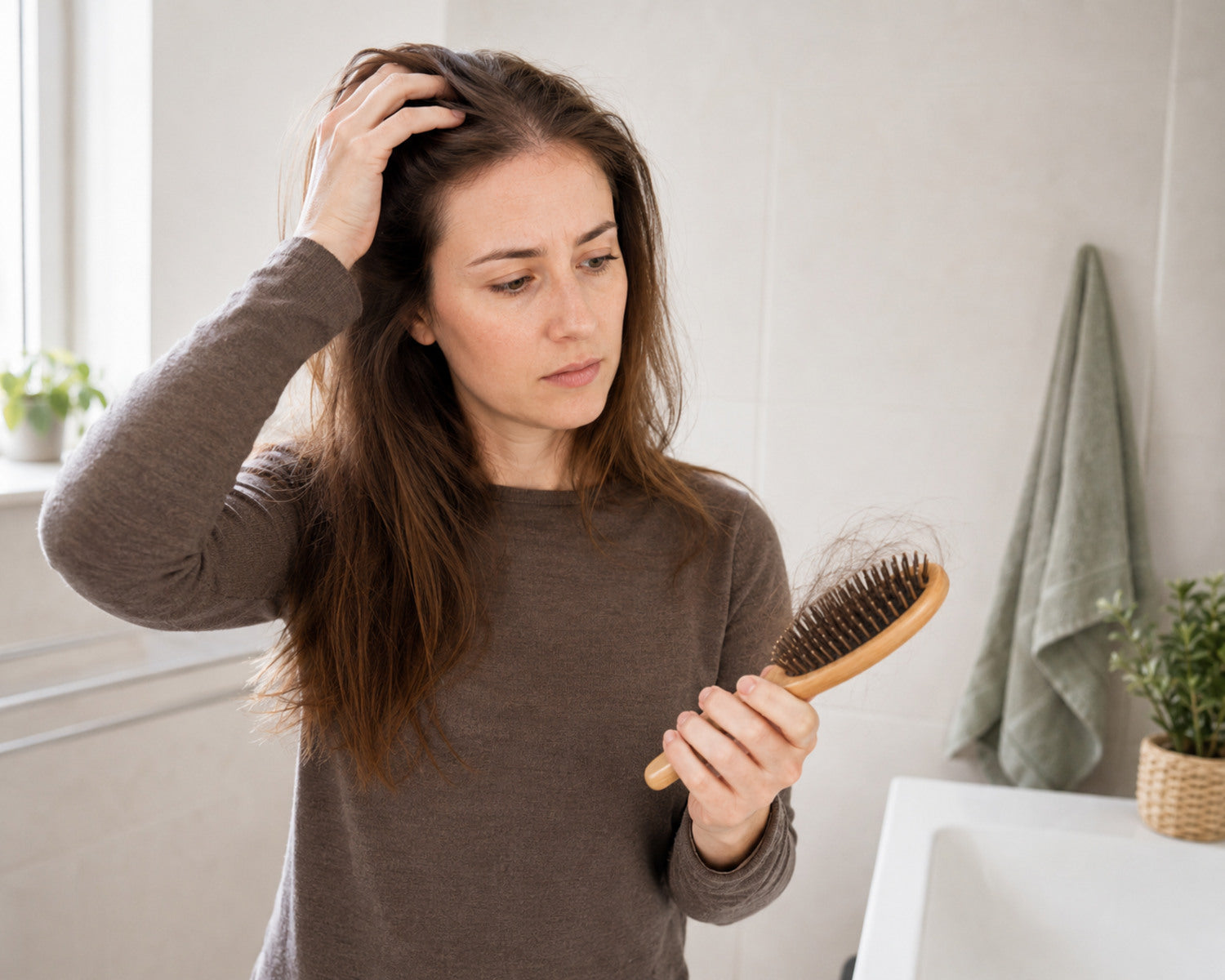 Una mujer examina la caída difusa del cabello en su cepillo tras dejar de tomar la píldora.